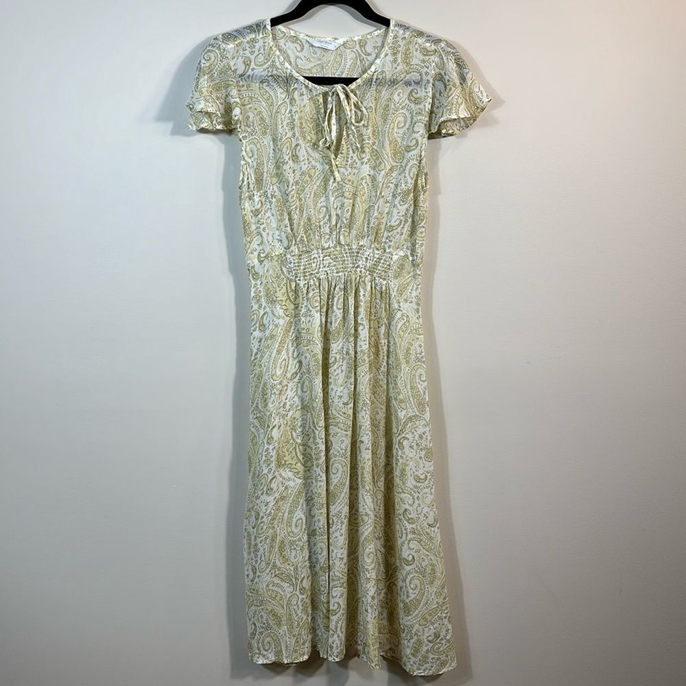 Lucky Brand Sheer Midi Boho Shortsleeve Yellow Keyhole Dress Women Medium